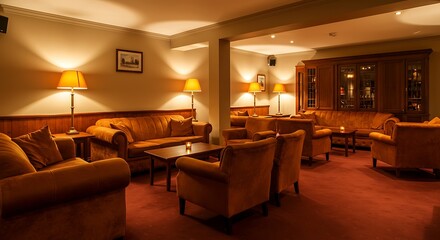 Fototapeta premium Elegant, Warmly Lit Empty Hotel Lounge with Classic Plush Seating and Ambient Glow.