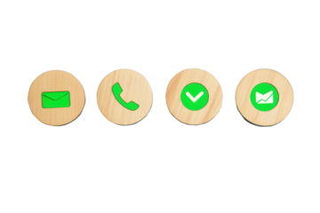 Wooden circles with green icons for phone, email, and chat on a transparent background.