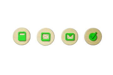 Wooden circles with green icons for phone, email, and chat on a transparent background.