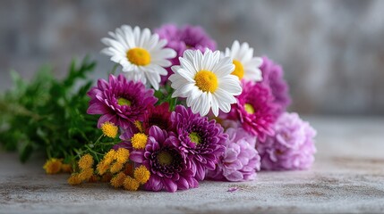 Vibrant Floral Arrangement Featuring White Daisies and Purple Chrysanthemums on Weathered Wooden Surface with Soft Focus