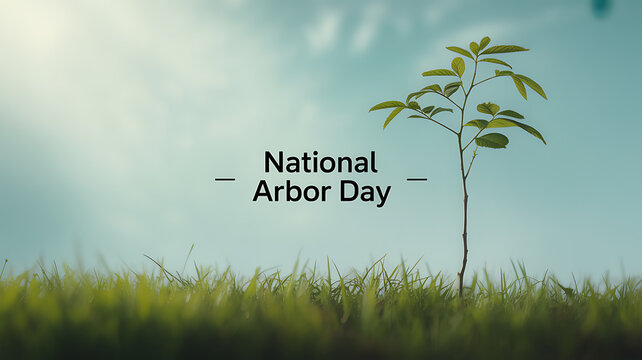 National Arbor Day celebration with a young sapling growing in grass under a clear sky
