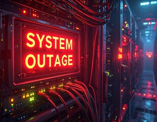 System outage warning with bold glowing red text 'SYSTEM OUTAGE' displayed inside a dark server room filled with blinking lights and network cables
