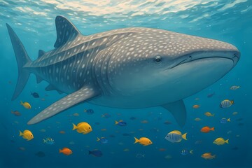 Fototapeta premium Illustration of a friendly whale shark swimming with colorful tropical fish, showing a cute expression that highlights the gentle and adorable side of this giant marine creature