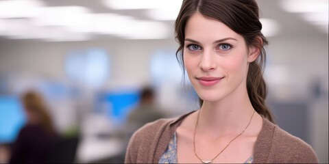 Confident Young Woman in Modern Office Setting with Professional Atmosphere
