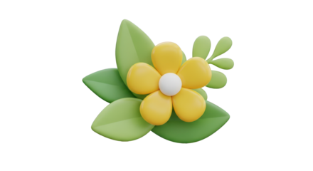 3D render of a yellow flower with green leaves isolated on a transparent background 3D render