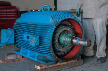 480 volt, 250 horsepower open motor, uncovered for inspection, testing and maintenance, showing rotor, stator and windings