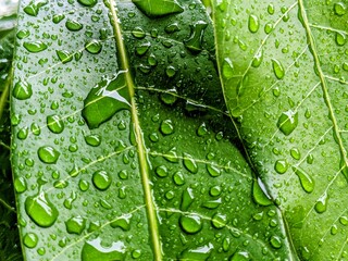 Crisp macro shot of a vibrant green leaf covered in perfectly formed, clear water droplets,...