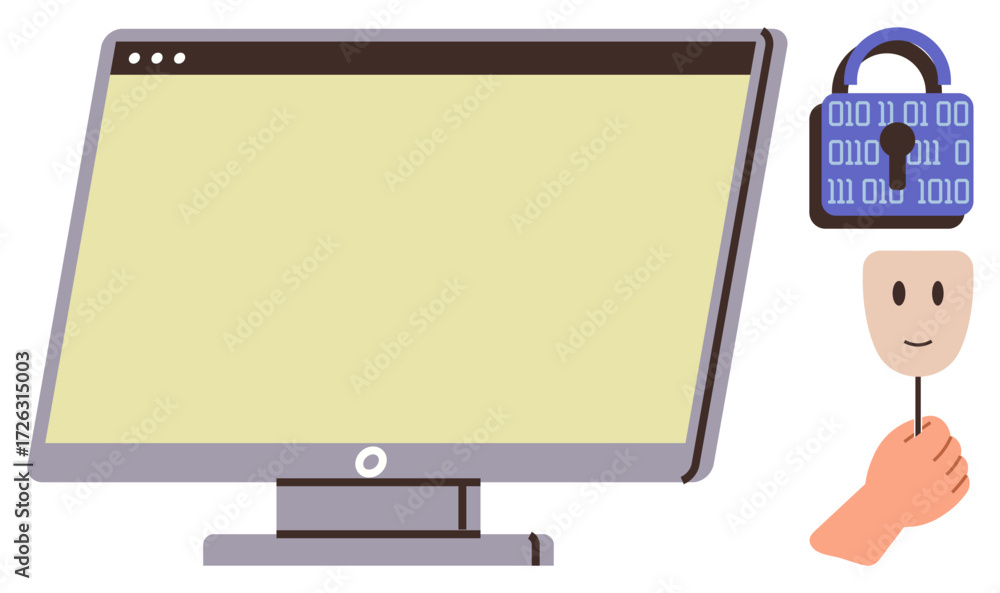 Poster computer monitor alongside a padlock with binary code and a hand holding a mask. ideal for cybersecu