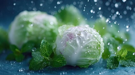 Vibrant Green Cabbage Heads with Water Droplets and Fresh Mint on Blue Backdrop