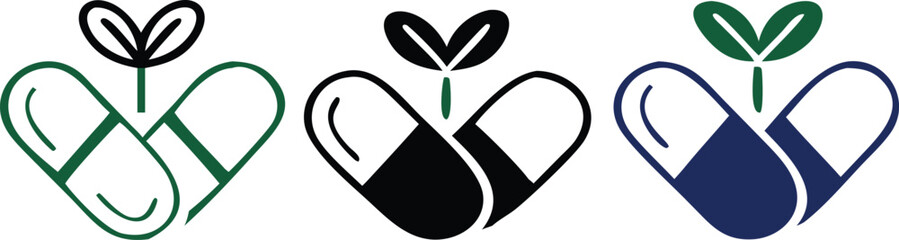 Natural medicine icon outline collection or set in black and white 
