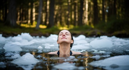 Woman Embracing Cold Water Immersion Amidst Icy Forest Lake Serenity -Cold immersion for mental strength, discipline, and physical recovery