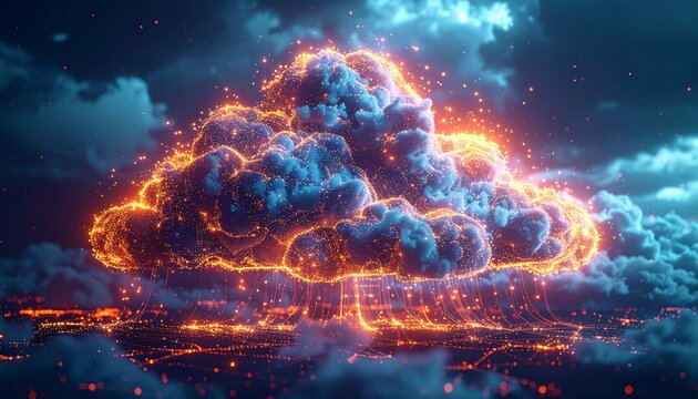 Futuristic cloud computing concept illustration with glowing blue global technology under night sky