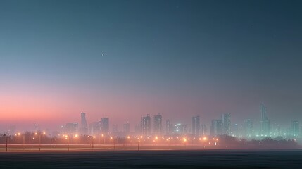 Fototapeta premium Urban Skyline at Night with Neon Glow Cinematic Cityscape and Soft Lighting