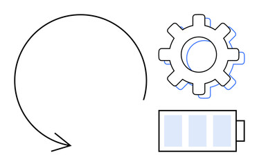 Circular arrow, gear, and battery signifying energy flow, automation, and resource renewal. Ideal for sustainability, technology, productivity, energy management efficiency innovation strategy