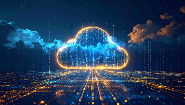 Futuristic cloud computing concept illustration with glowing blue global technology under night sky