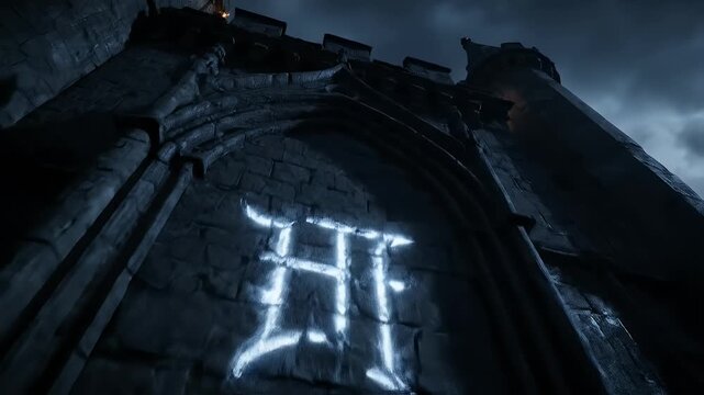 Dark and ancient gothic stone fortress wall at night, illuminated by glowing blue mystical symbols that animate and fade under a dramatic, ominous cloudy sky.