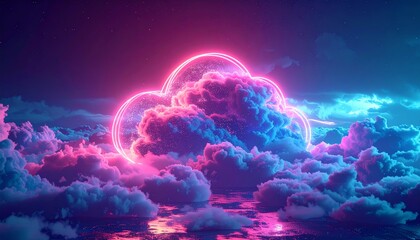 Futuristic cloud computing concept illustration with glowing blue global technology under night sky