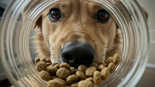 Dog looking into a jar of dog food through the glass