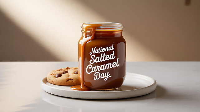 A jar of salted caramel sauce with 'National Salted Caramel Day' text, placed on a plate with a cookie beside it.