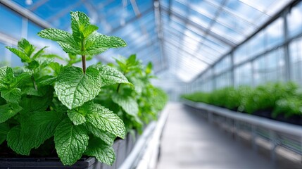 Vibrant Green Mint Plants in Hydroponic Greenhouse Under Blue Sky