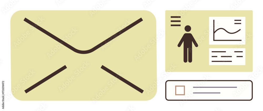 Aufkleber large envelope icon with a chart, user profile, and text elements alongside a checkbox list. ideal f