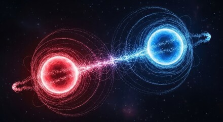 Intertwined cosmic orbs with electromagnetic connection, vibrant stellar interaction visual