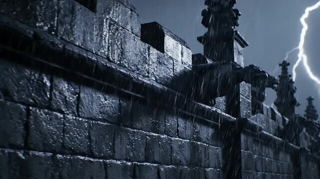 Close-up of ancient gothic stone wall with menacing gargoyles enduring a heavy rainstorm and dramatic lightning strikes in a dark, eerie night scene.