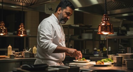 Fototapeta premium Chef preparing plated dish in modern kitchen culinary art professional environment evening ambiance