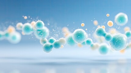 Abstract Floating Blue and White Molecules with Orange Accents Against a Light Blue Gradient Background