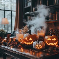 Halloween pumpkins on a table in a dark room