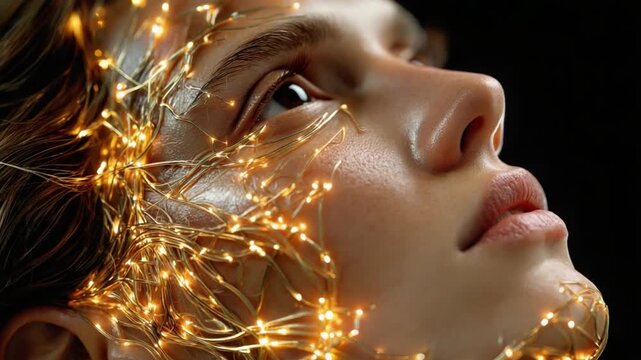 Enlightened Radiance: A serene person with luminous beauty is intertwined with threads of light, in this compelling, photorealistic artwork