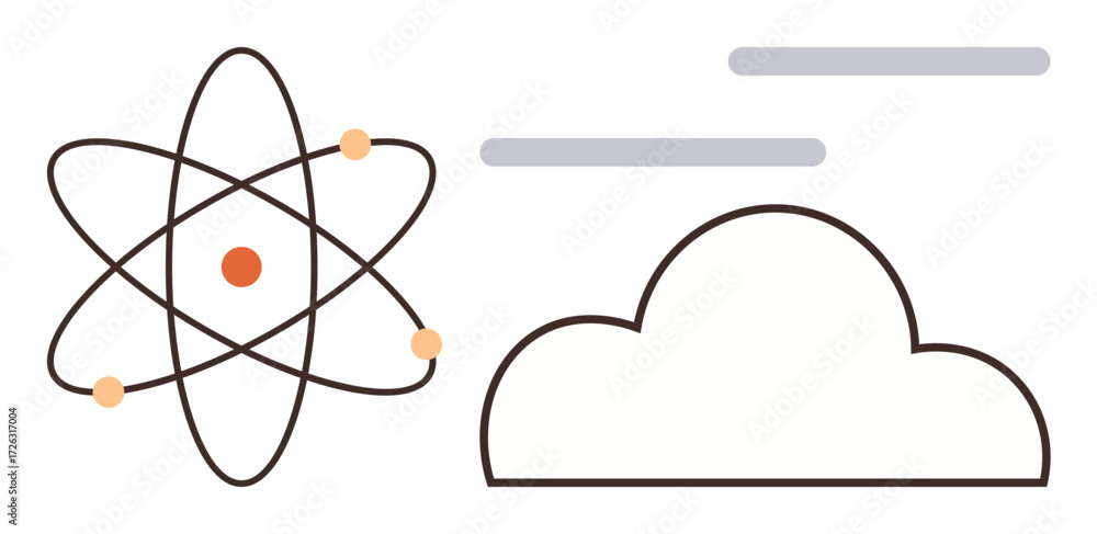 Poster atomic structure with orbiting particles paired with a minimalist cloud outline. ideal for innovatio
