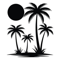 Fototapeta premium Silhouette of tropical palm trees and a large sun against a dark background
