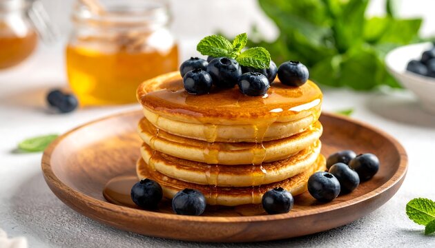 Stack of pancakes drizzled with honey and topped with blueberries and mint