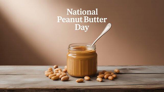 A jar of peanut butter with a spoon and peanuts on a wooden table celebrating National Peanut Butter Day