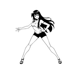 Black and white hot anime character line art illustration, stylish minimal outline drawing in clean style