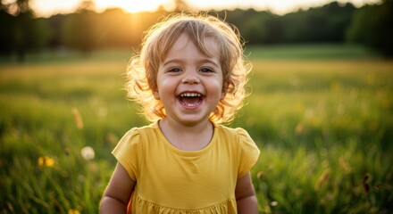Joyful child playing in a green field at sunset candid photograph warm atmosphere bright colors
