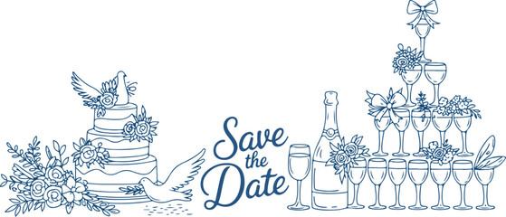 Save the date wedding invitation design with cake champagne doves and glasses in blue outline style