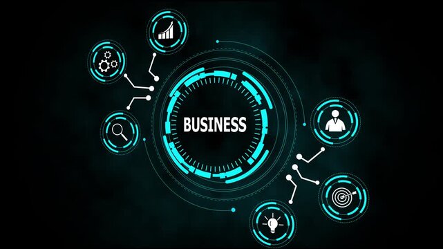Futuristic business interface with cyan circuits and icons representing growth strategy. Business analytics, technology and network concept. Futuristic digital interface with global growth. - Powered by Adobe