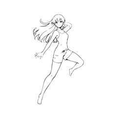 Black and white hot anime character line art illustration, stylish minimal outline drawing in clean style