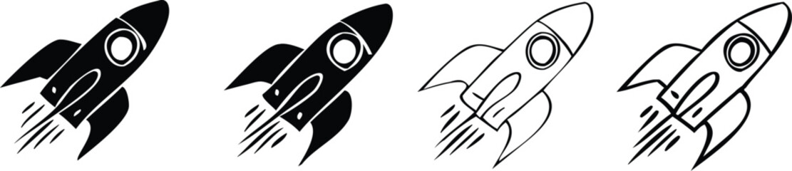Vintage-style cartoon vector illustration of a space rocket launch icon set with a spaceship, shuttle, and missile 
