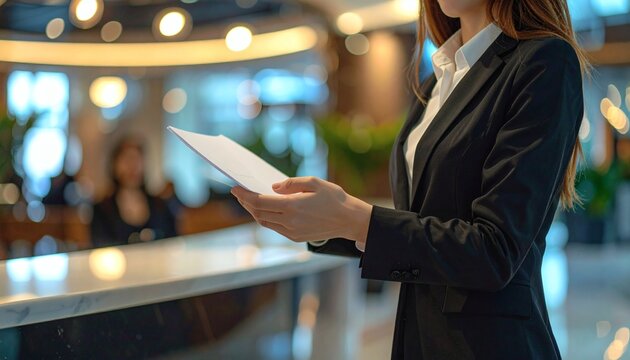 Elegant Businesswoman Reviewing Documents in Modern Lobby with Bokeh Lighting