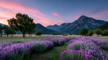 Vibrant Lavender Field at Sunset with Dramatic Sky and Mountain Backdrop Landscape