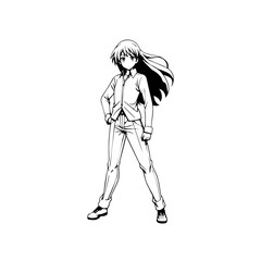 Black and white hot anime character line art illustration, stylish minimal outline drawing in clean style