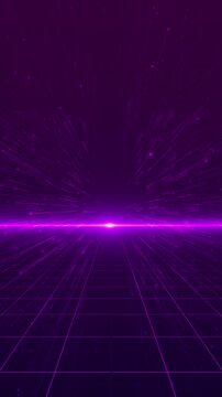 Dynamic glowing purple light flares racing across futuristic digital grid horizon, creating depth, speed, energy. background technology themes, cyber visuals, sci-fi scenes, power data presentations