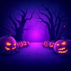Halloween scene with jack-o'-lanterns in a spooky forest.  Purple-toned, dark,  spooky forest path.  Jack-o'-lanterns line the path