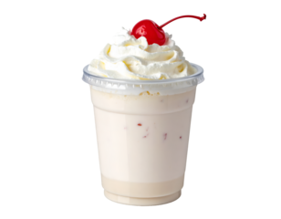 Milkshake in plastic take away cup, top with whip cream and cherry on transparent png