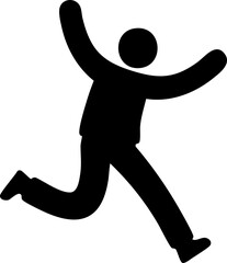 A black silhouette of a person joyfully leaping with arms raised against a plain white background, conveying happiness and freedom, minimalist style.
