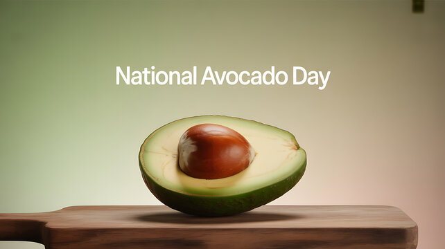 Half of a ripe avocado with pit on a wooden cutting board, celebrating National Avocado Day