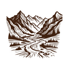 Winding River Through Mountain Valley &mdash; Black and White Line Art Landscape